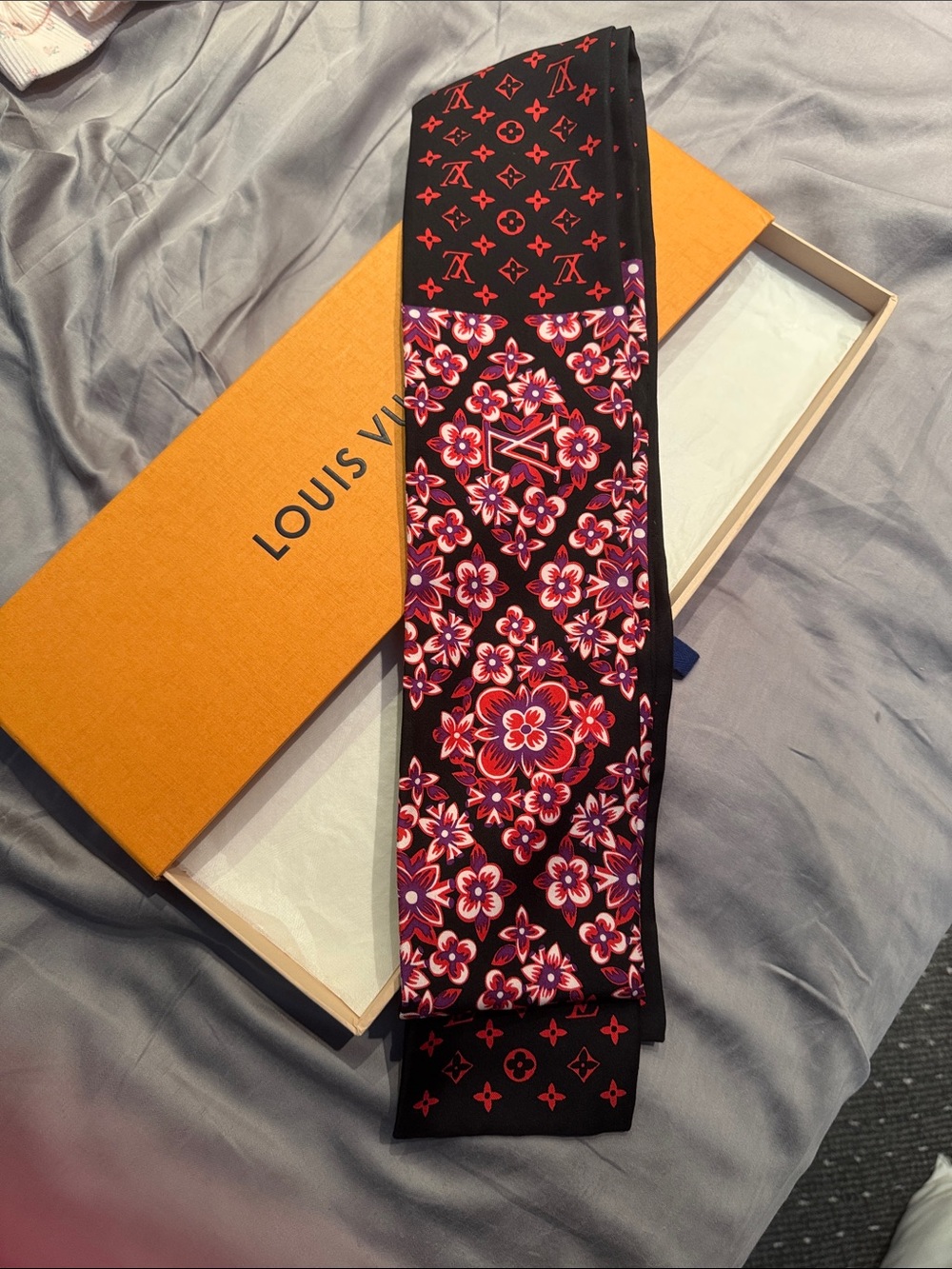 Louis Vuitton Black, Red & Pink Floral Silk Twilly Scarf